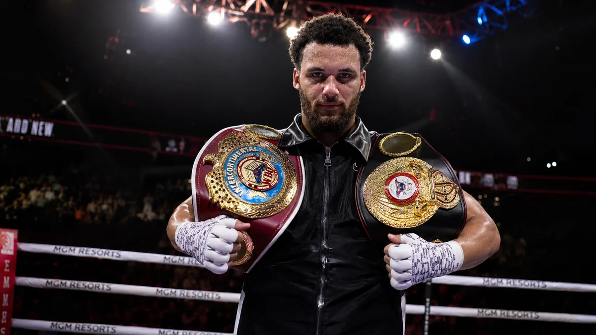 A British heavyweight poses with his championship belts in the ring