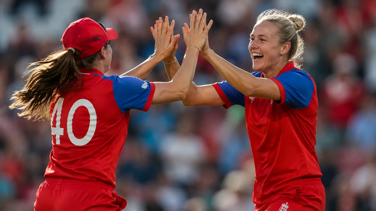 England players celebrate a wicket together in the field